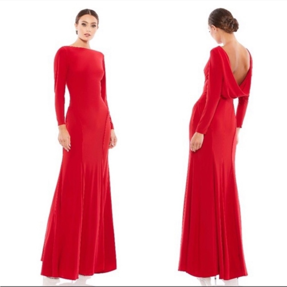 Ieena For Mac Duggal Red Draped Back Jersey Long Sleeve Gown size 10